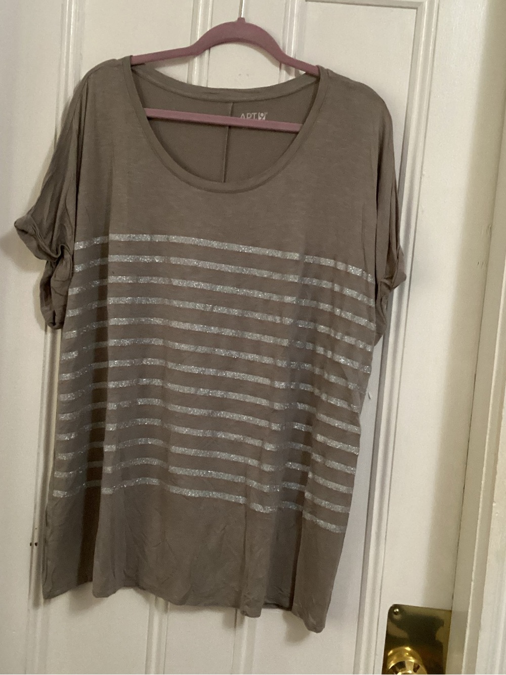 Apt. 9 Taupe Scoop Neck Tee with Silver Stripes